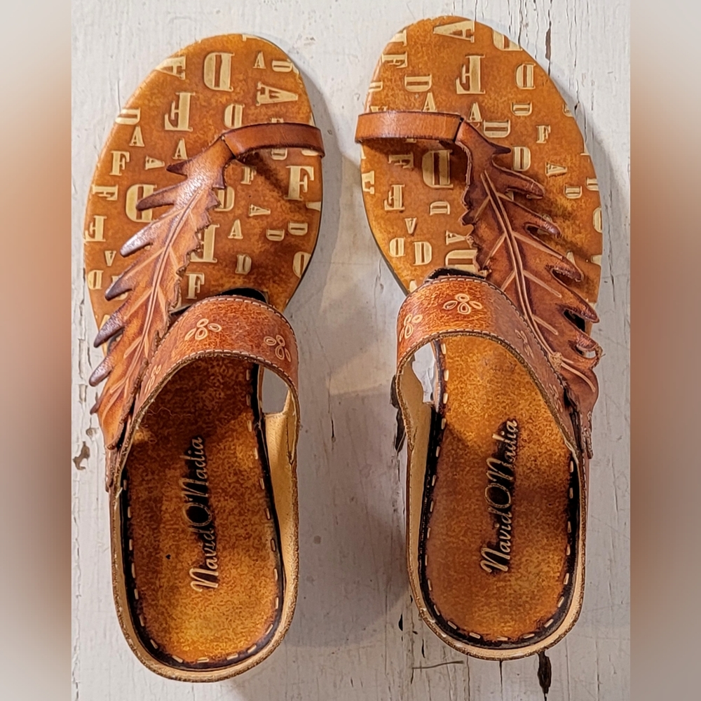 Navid o Nadia hand tooled leather sandals size 7.